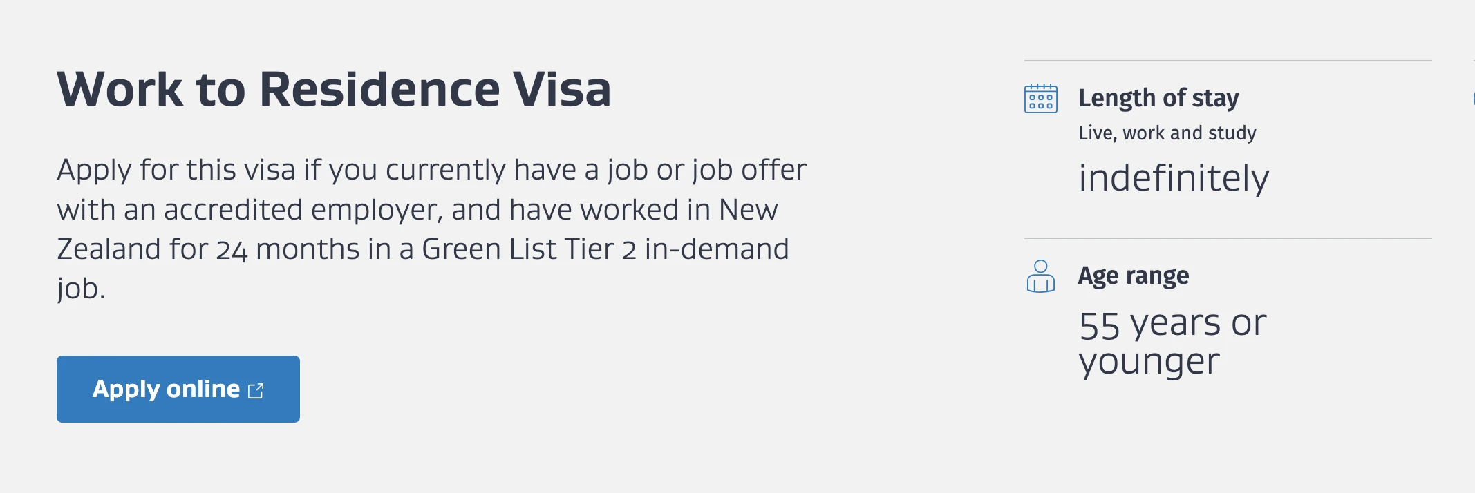 Official INZ page for the Work to Residence Visa
